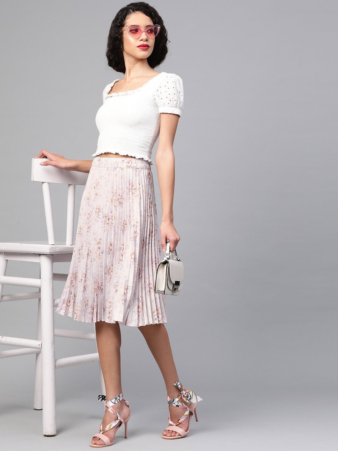 Women's Lavender Floral Short Pleated Skirt