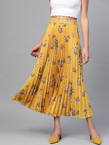 Women's Mustard Floral Longline Pleated Maxi Skirt