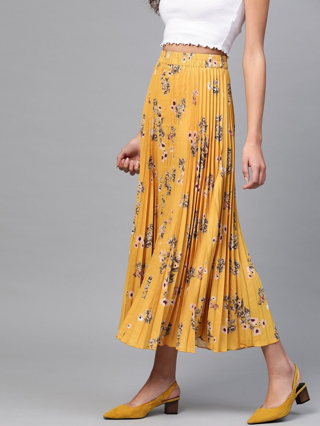 Women's Mustard Floral Longline Pleated Maxi Skirt