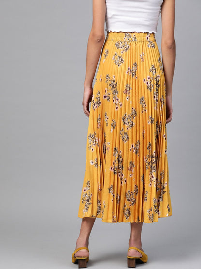 Women's Mustard Floral Longline Pleated Maxi Skirt