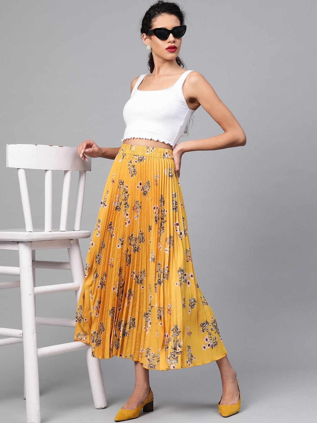 Women's Mustard Floral Longline Pleated Maxi Skirt