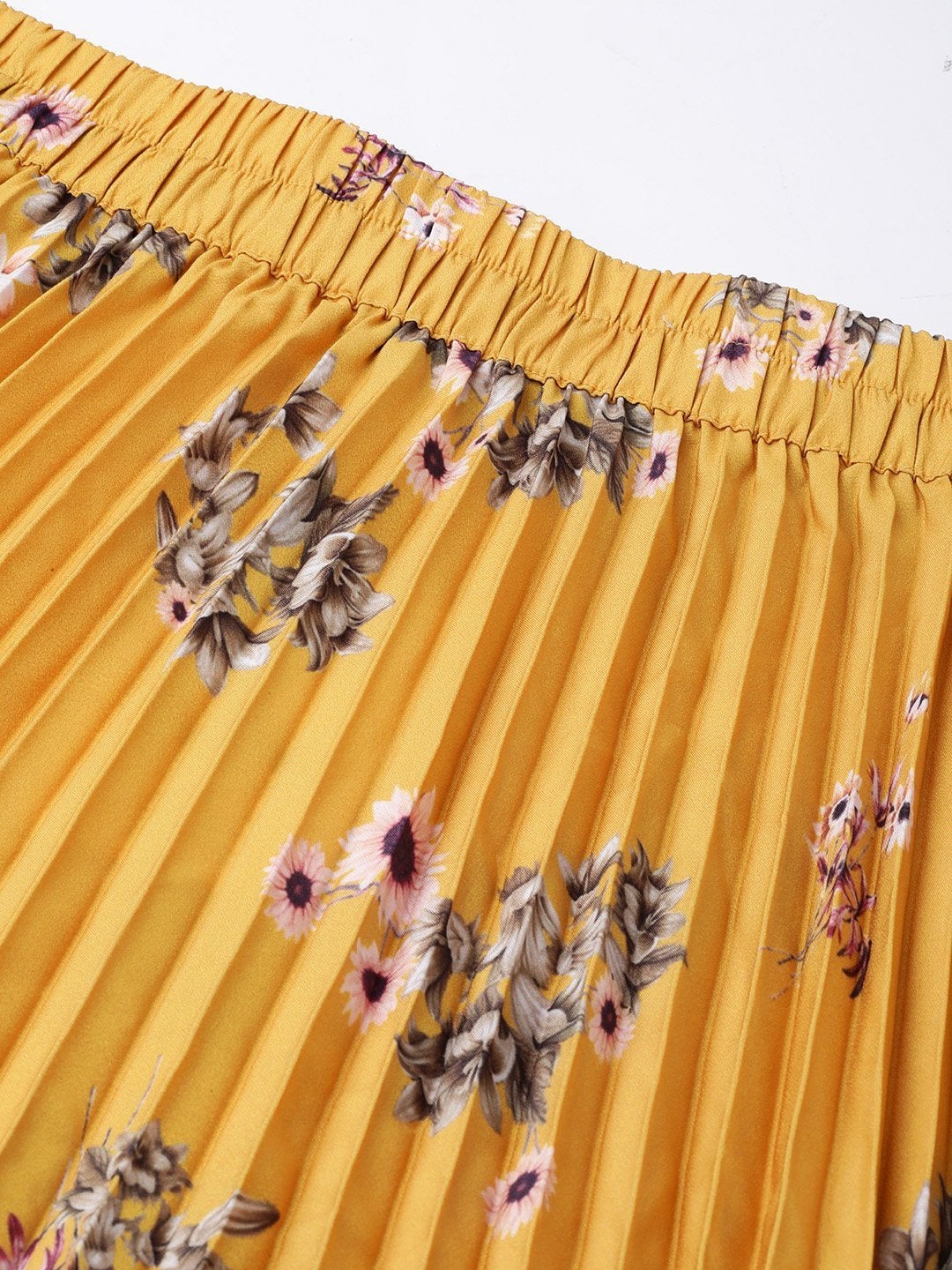 Women's Mustard Floral Longline Pleated Maxi Skirt