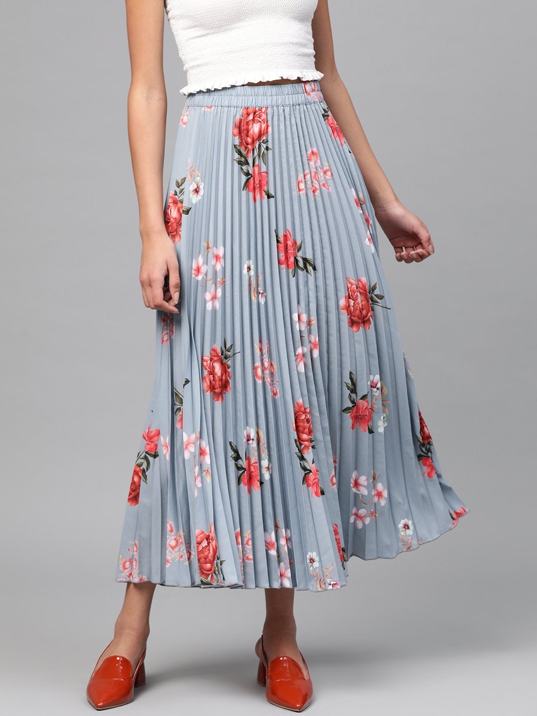 Women's Steel Blue Floral Longline Pleated Maxi Skirt