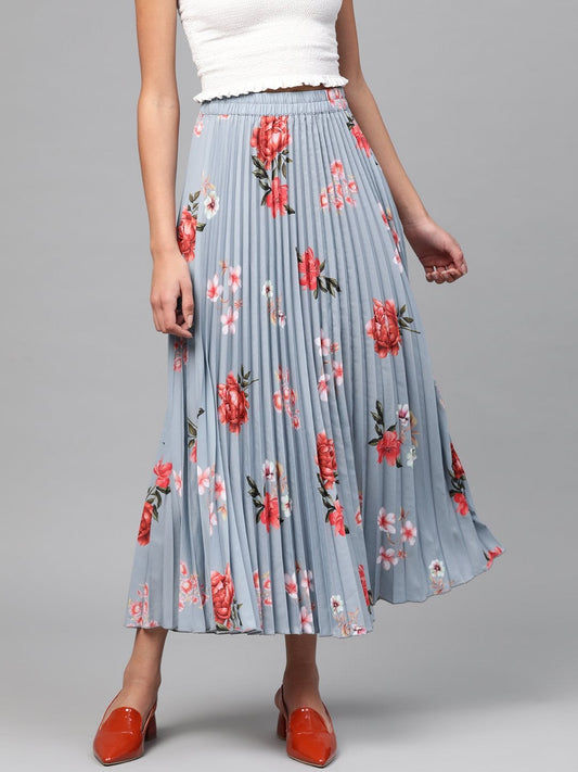 Women's Steel Blue Floral Longline Pleated Maxi Skirt