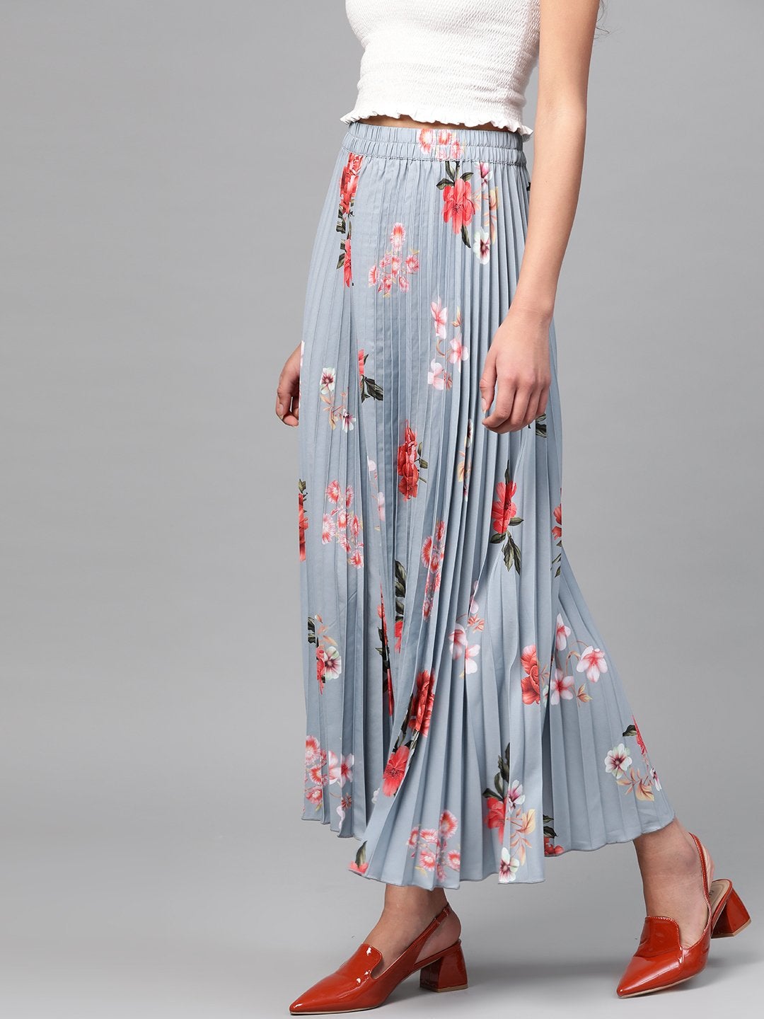 Women's Steel Blue Floral Longline Pleated Maxi Skirt