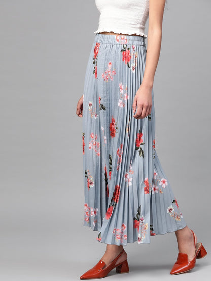 Women's Steel Blue Floral Longline Pleated Maxi Skirt