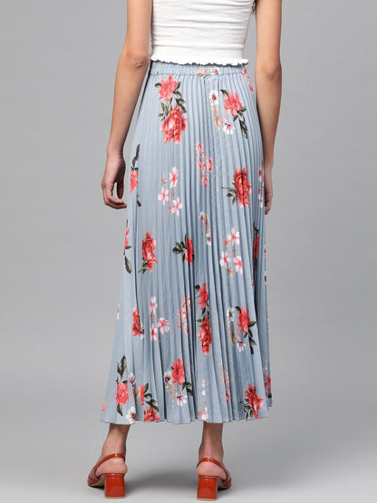Women's Steel Blue Floral Longline Pleated Maxi Skirt