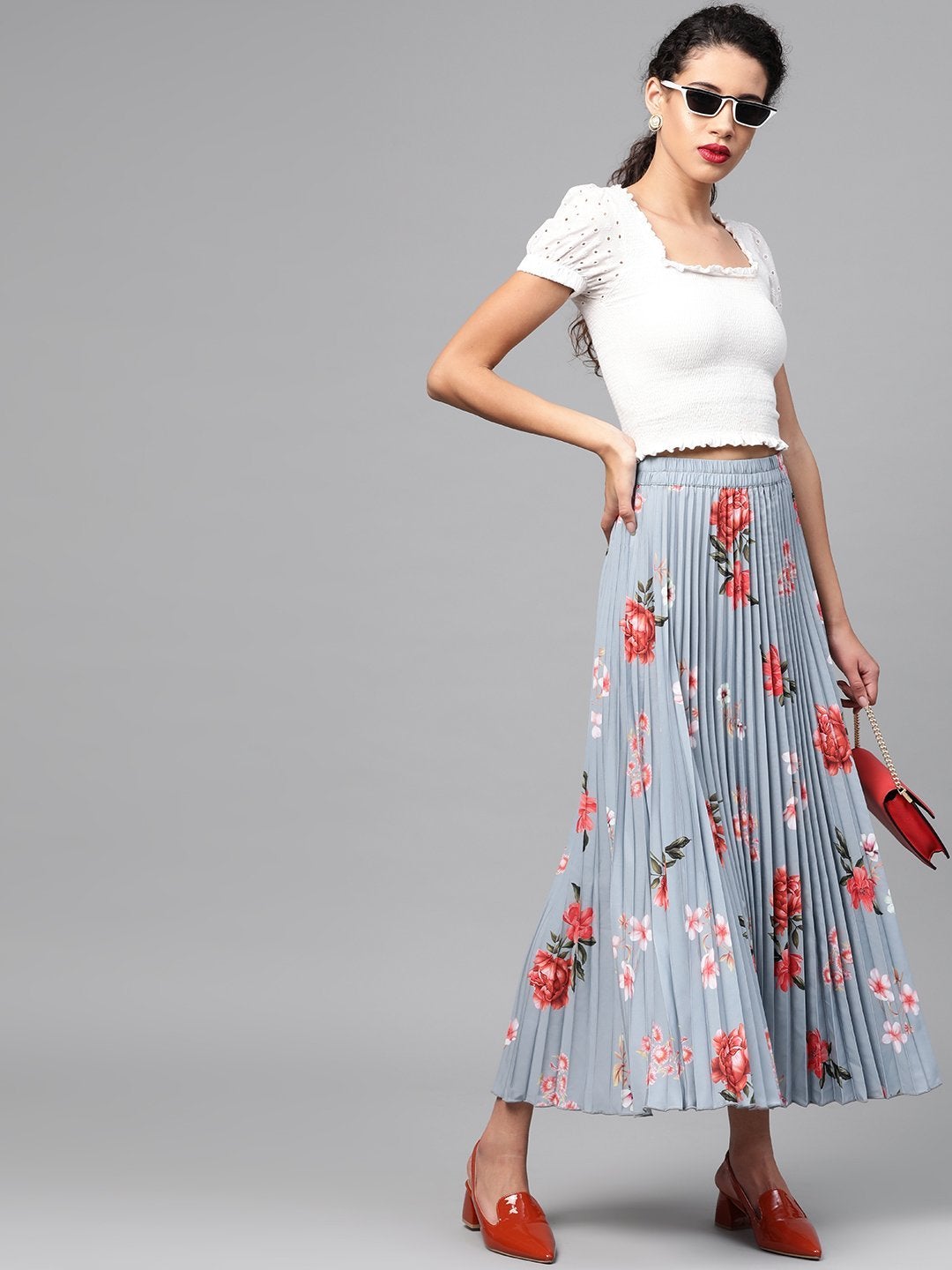 Women's Steel Blue Floral Longline Pleated Maxi Skirt