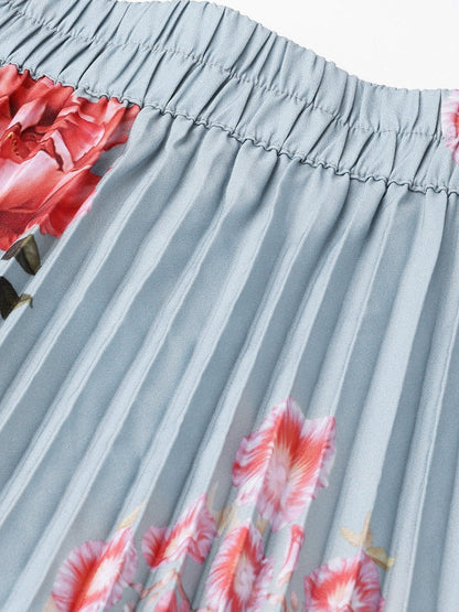 Women's Steel Blue Floral Longline Pleated Maxi Skirt
