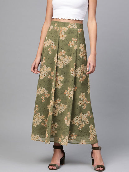 Women's Moss Green Floral Flared Maxi Skirt