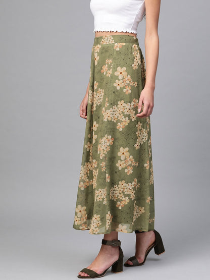 Women's Moss Green Floral Flared Maxi Skirt