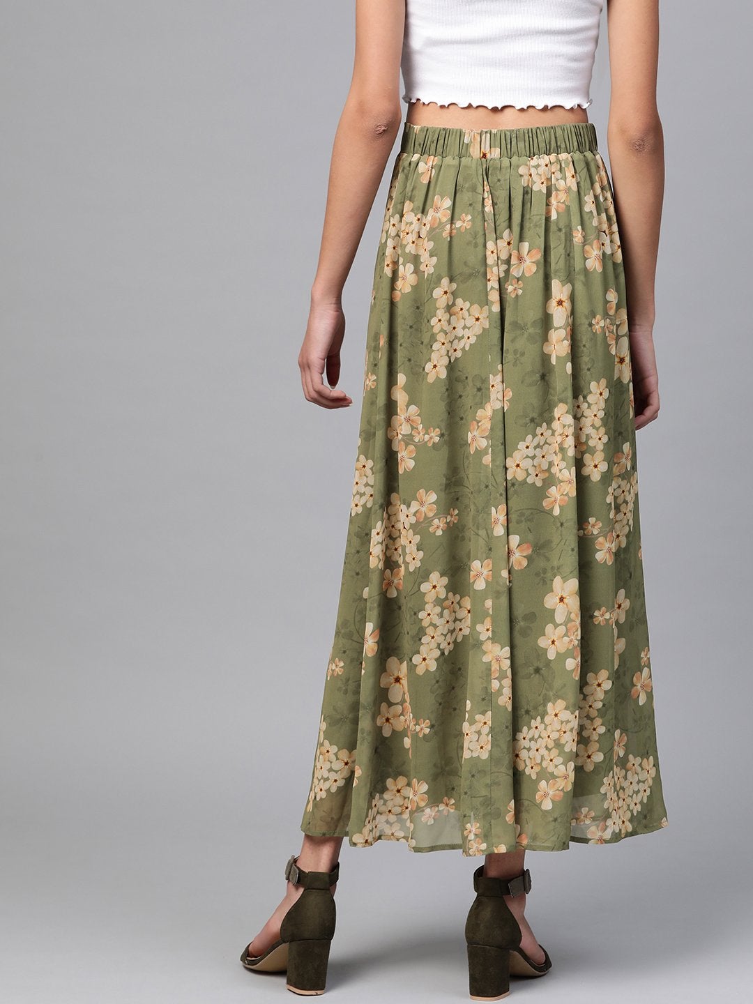Women's Moss Green Floral Flared Maxi Skirt