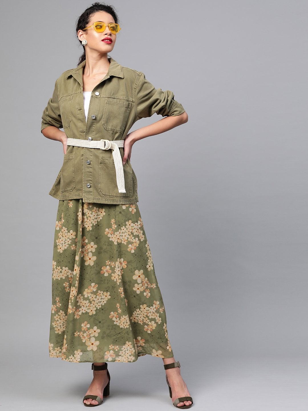 Women's Moss Green Floral Flared Maxi Skirt