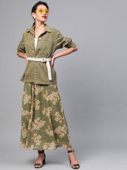 Women's Moss Green Floral Flared Maxi Skirt