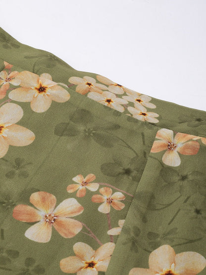 Women's Moss Green Floral Flared Maxi Skirt