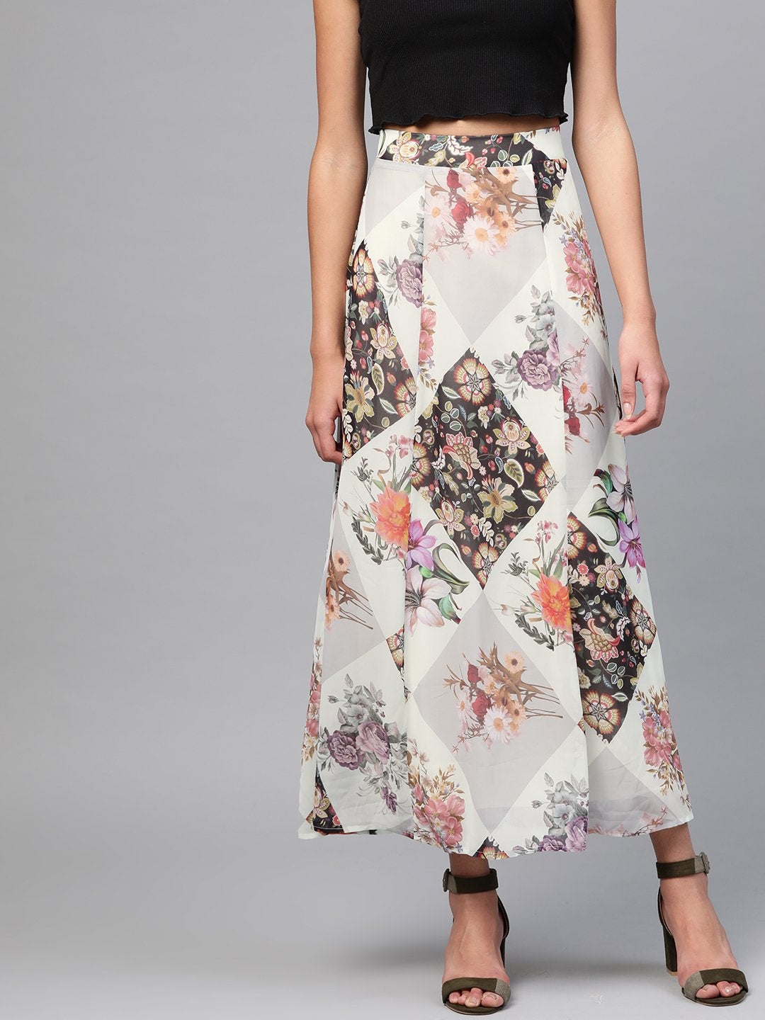 Women's Cream And Black Floral Maxi Skirt