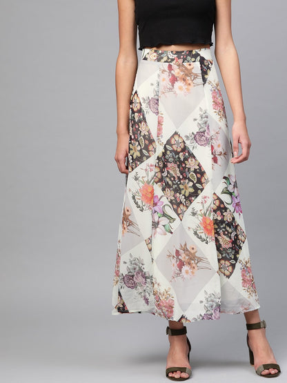 Women's Cream And Black Floral Maxi Skirt