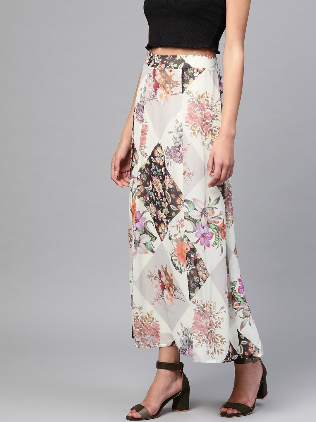 Women's Cream And Black Floral Maxi Skirt