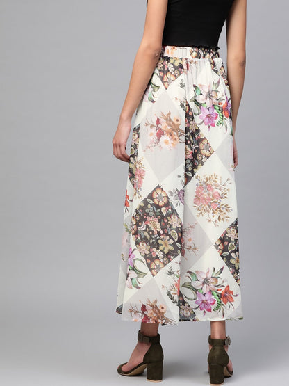 Women's Cream And Black Floral Maxi Skirt