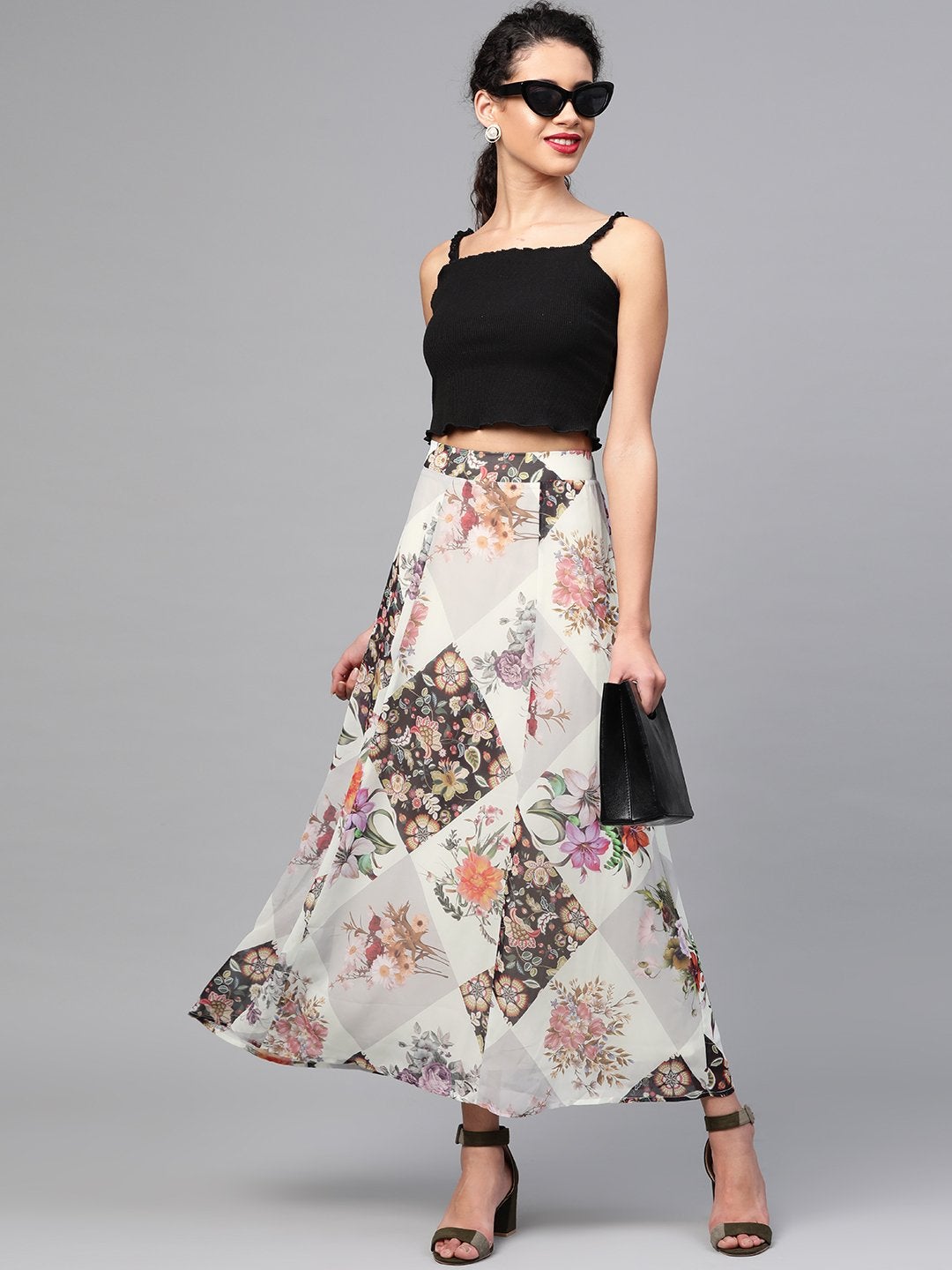 Women's Cream And Black Floral Maxi Skirt