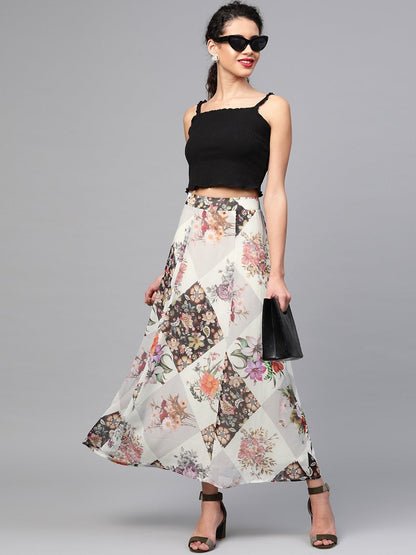 Women's Cream And Black Floral Maxi Skirt