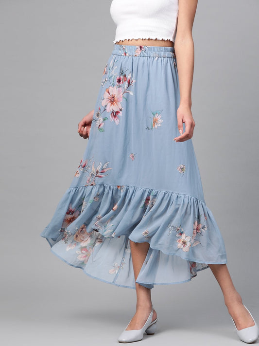 Women's Pale Blue Floral Tiered High Low Skirt