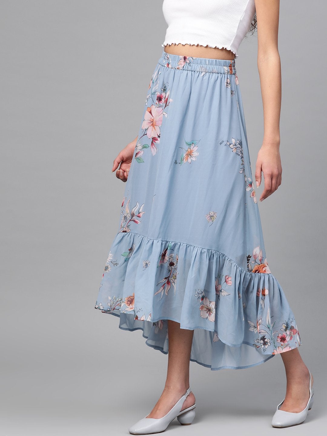 Women's Pale Blue Floral Tiered High Low Skirt