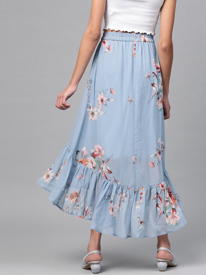 Women's Pale Blue Floral Tiered High Low Skirt