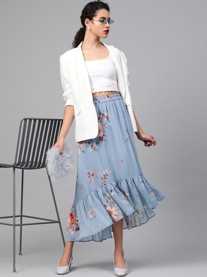 Women's Pale Blue Floral Tiered High Low Skirt