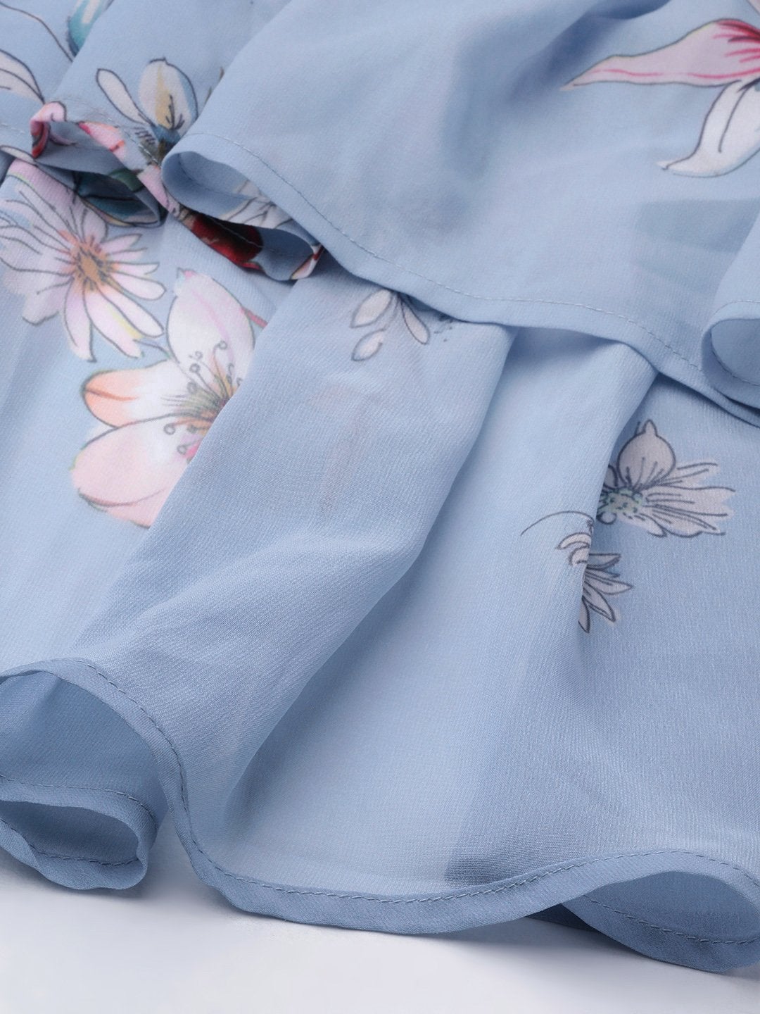 Women's Pale Blue Floral Tiered High Low Skirt