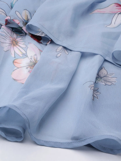 Women's Pale Blue Floral Tiered High Low Skirt
