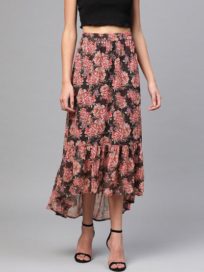 Women's Black Floral Tiered High Low Skirt