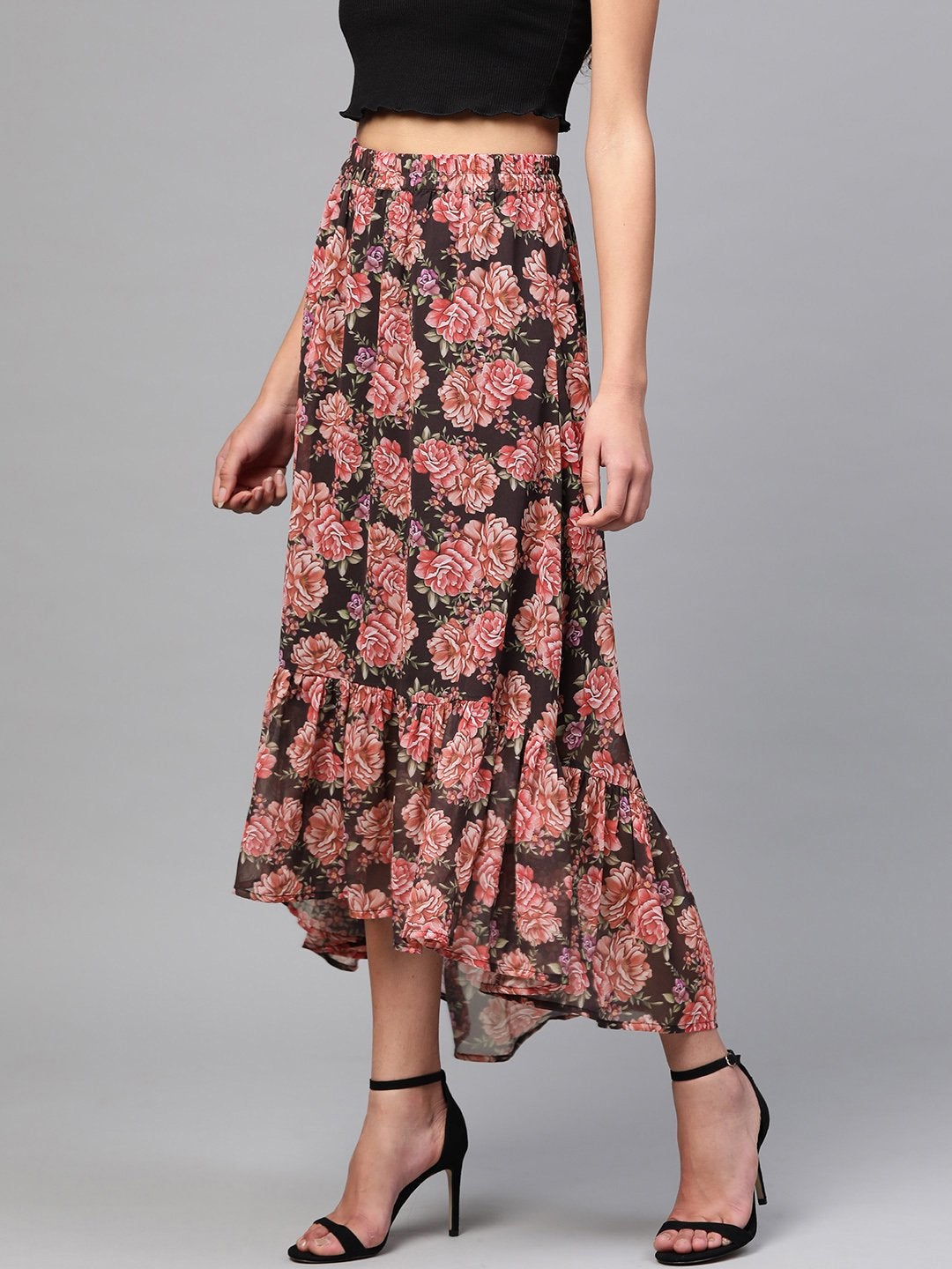 Women's Black Floral Tiered High Low Skirt