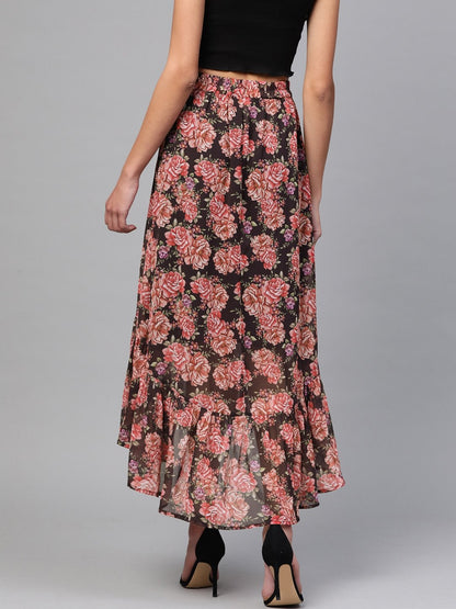 Women's Black Floral Tiered High Low Skirt
