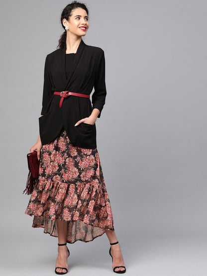 Women's Black Floral Tiered High Low Skirt