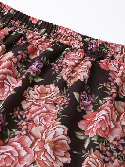 Women's Black Floral Tiered High Low Skirt