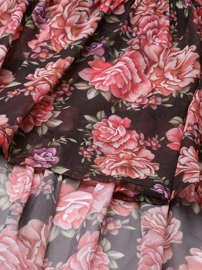 Women's Black Floral Tiered High Low Skirt