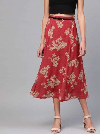 Women's Red Floral Flared Skirt