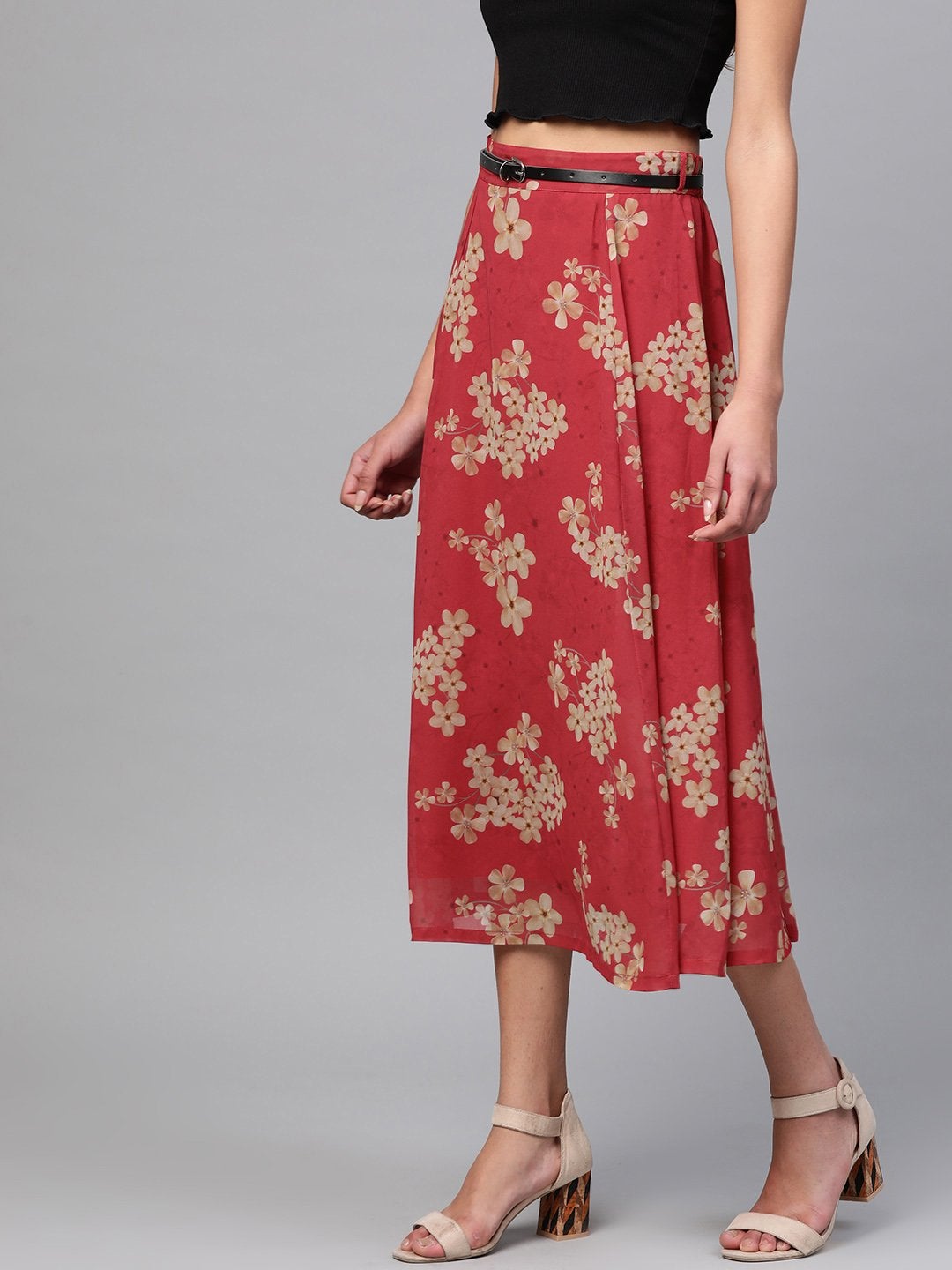 Women's Red Floral Flared Skirt