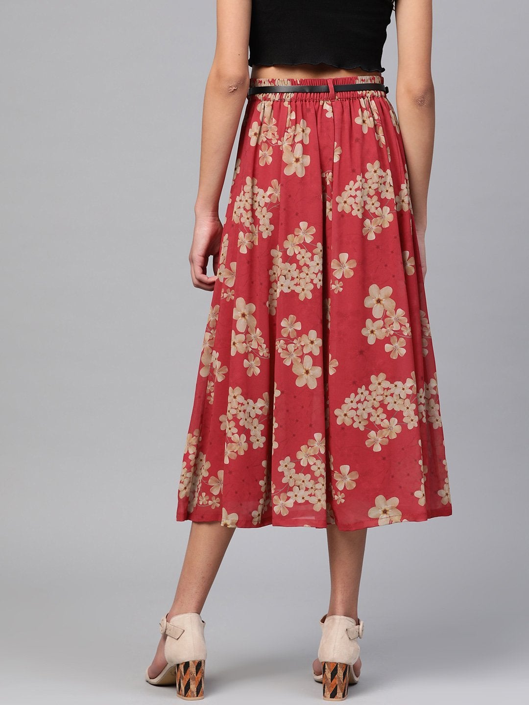 Women's Red Floral Flared Skirt