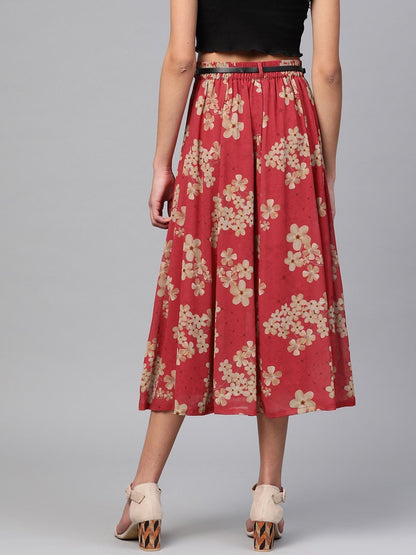 Women's Red Floral Flared Skirt