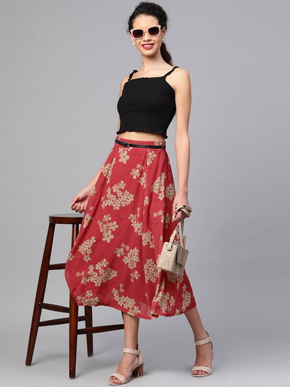 Women's Red Floral Flared Skirt