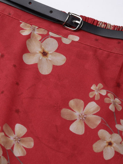 Women's Red Floral Flared Skirt