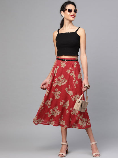 Women's Red Floral Flared Skirt