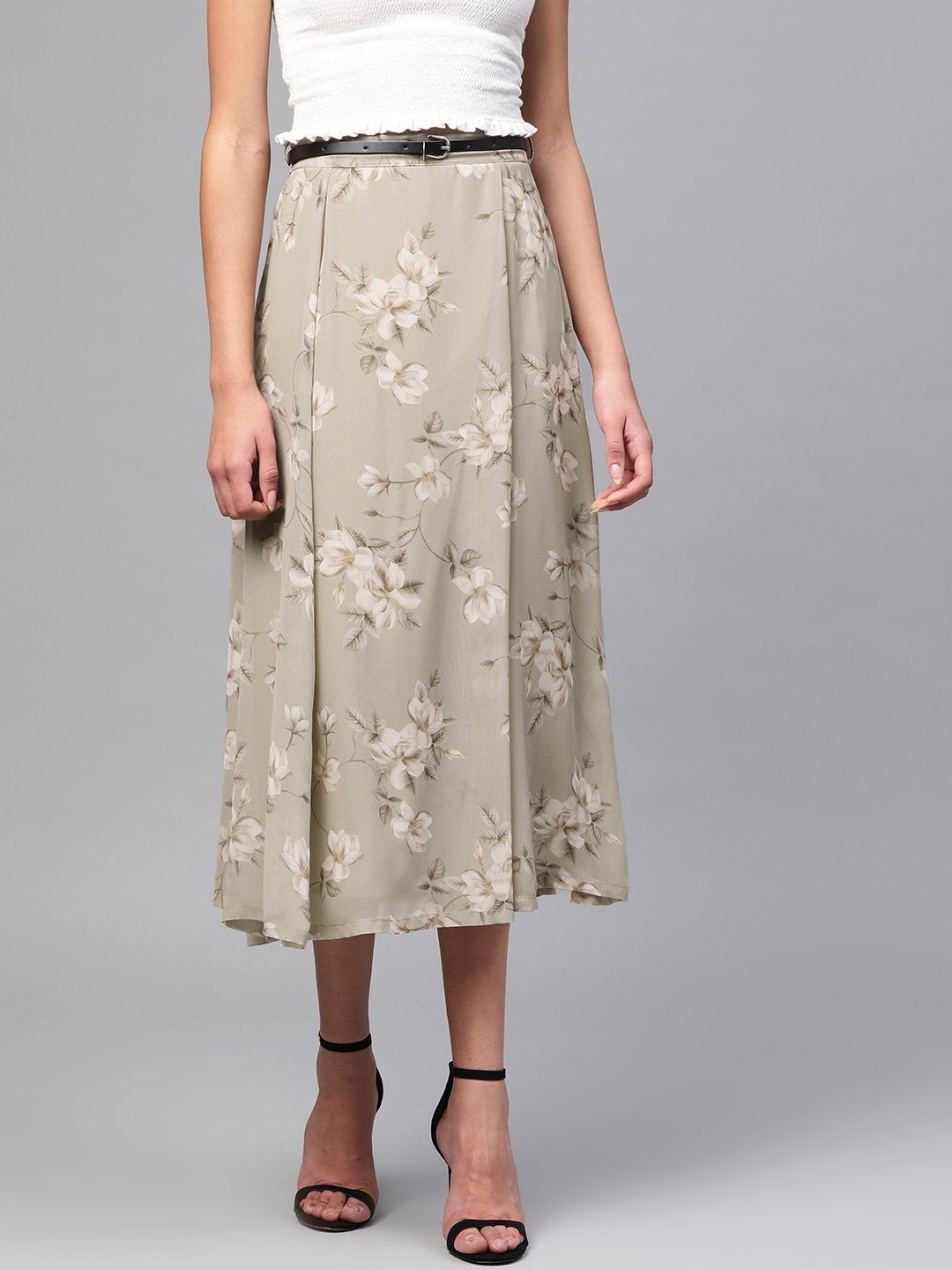 Women's Olive Floral Flared Skirt