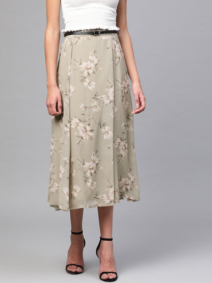 Women's Olive Floral Flared Skirt