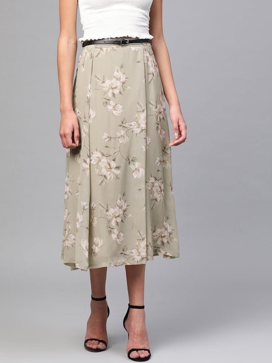 Women's Olive Floral Flared Skirt