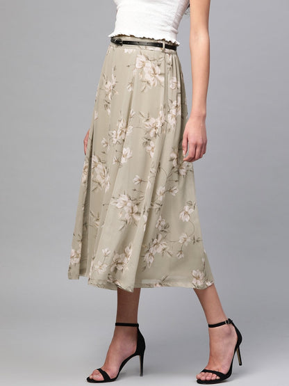 Women's Olive Floral Flared Skirt
