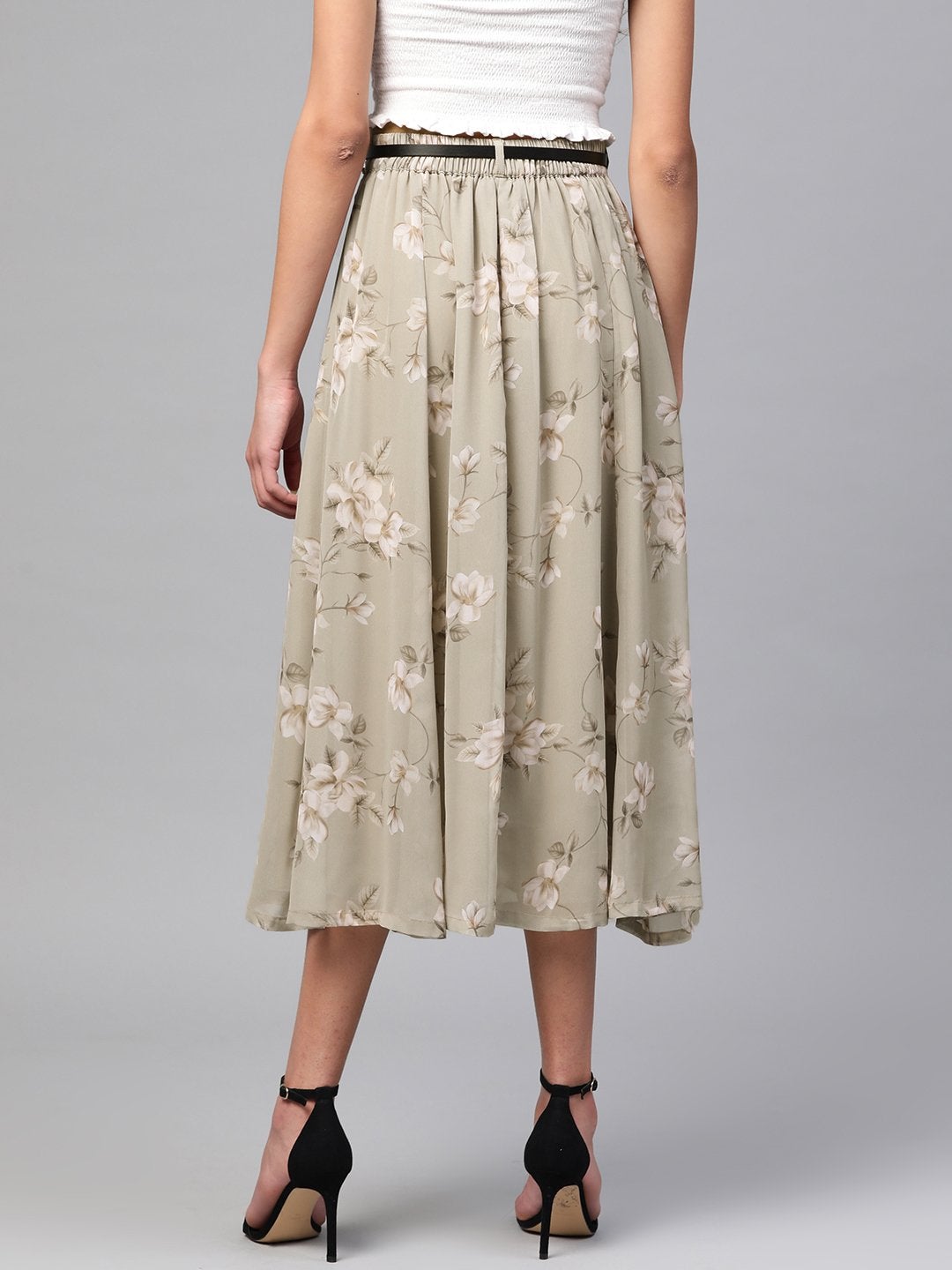 Women's Olive Floral Flared Skirt
