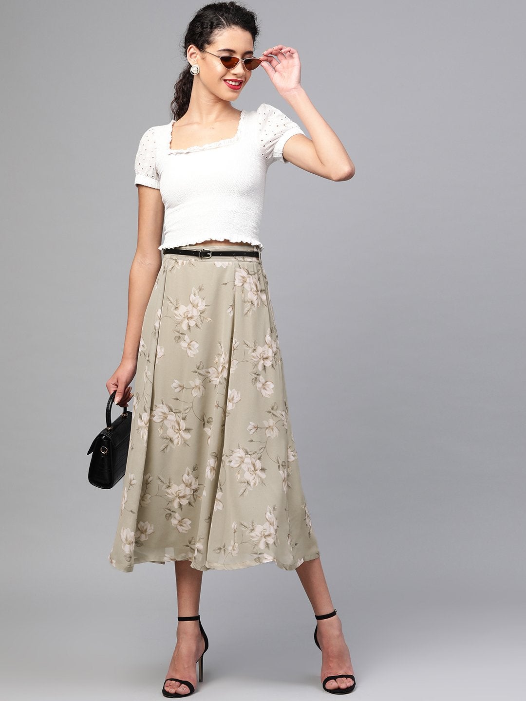 Women's Olive Floral Flared Skirt